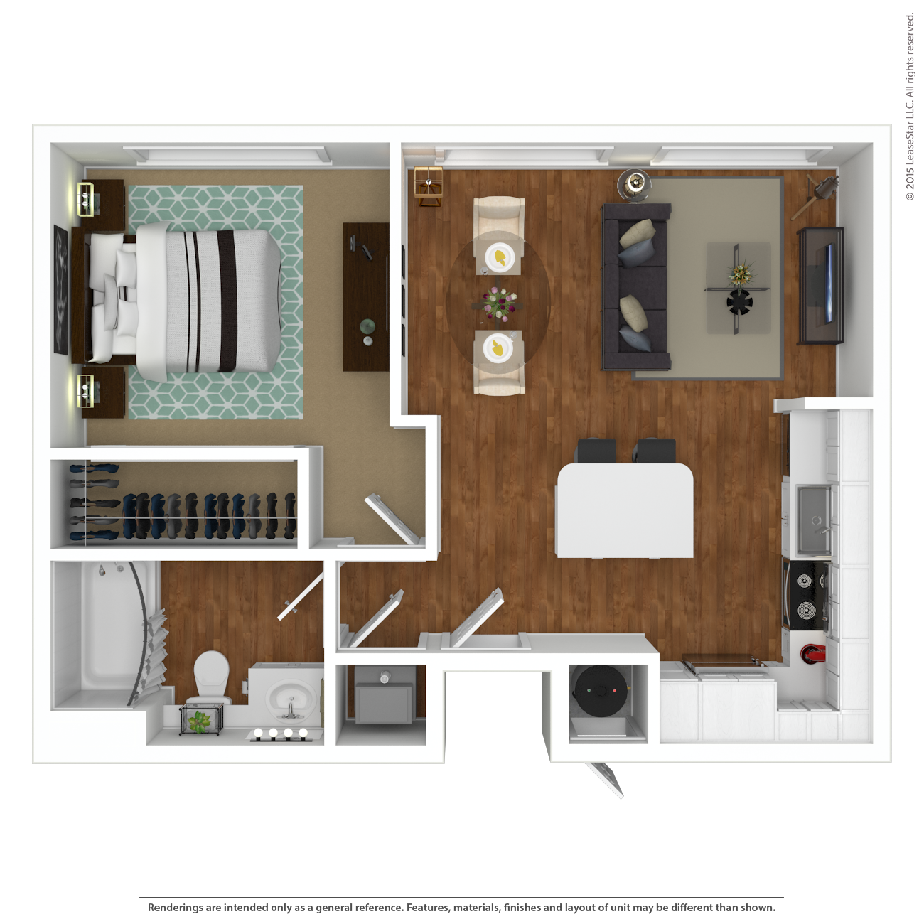 Floor plan for 1 bed, 1 bath, 662 sqft